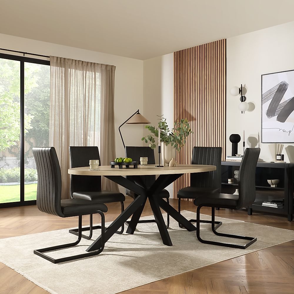 Madison Oval Dining Table & 4 Perth Chairs, Light Oak Effect & Black Steel, Vintage Grey Classic Faux Leather, 180cm