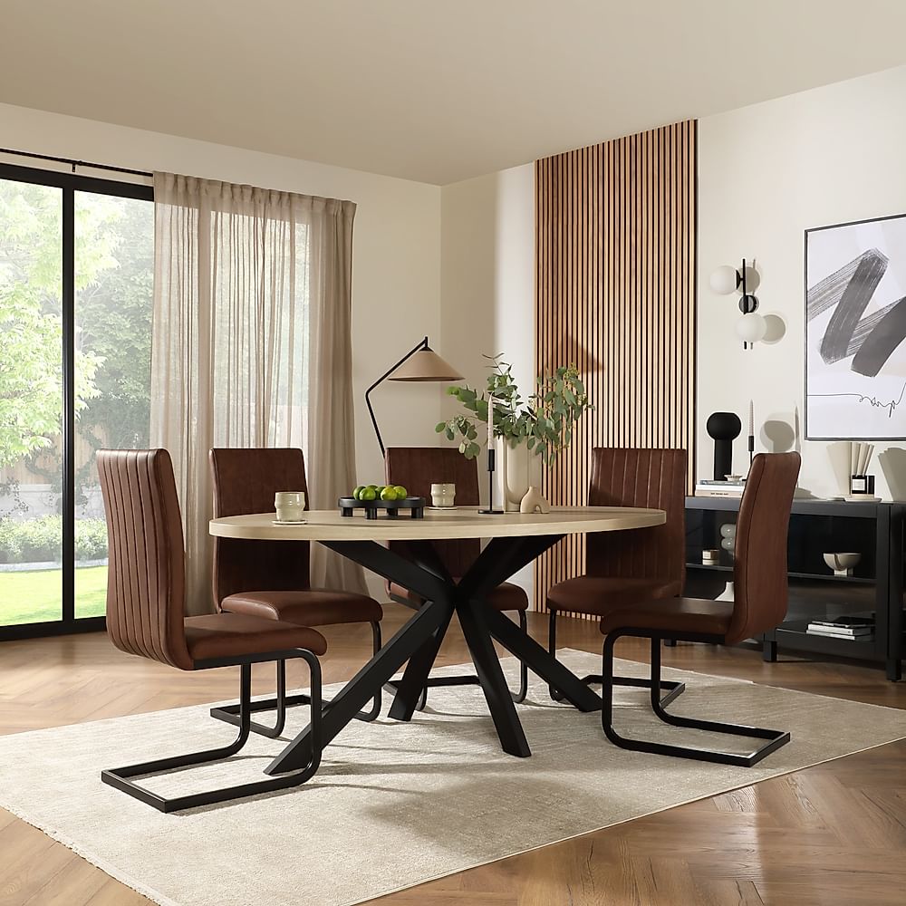 Madison Oval Dining Table & 4 Perth Chairs, Light Oak Effect & Black Steel, Tan Classic Faux Leather, 180cm