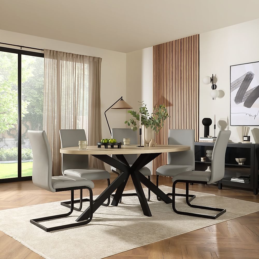 Madison Oval Dining Table & 4 Perth Chairs, Light Oak Effect & Black Steel, Light Grey Premium Faux Leather, 180cm