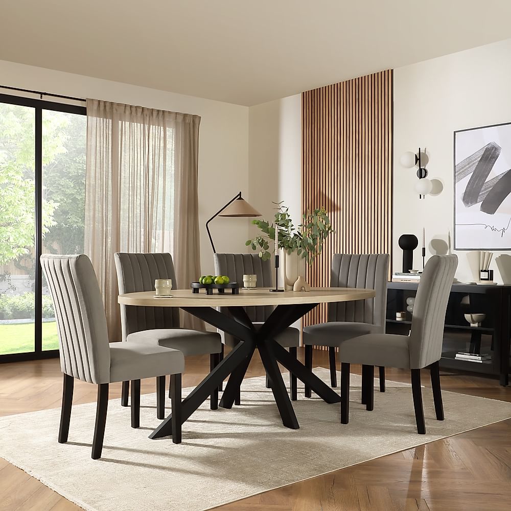 Madison Oval Dining Table & 4 Salisbury Chairs, Light Oak Effect & Black Steel, Grey Classic Velvet & Black Solid Hardwood, 180cm