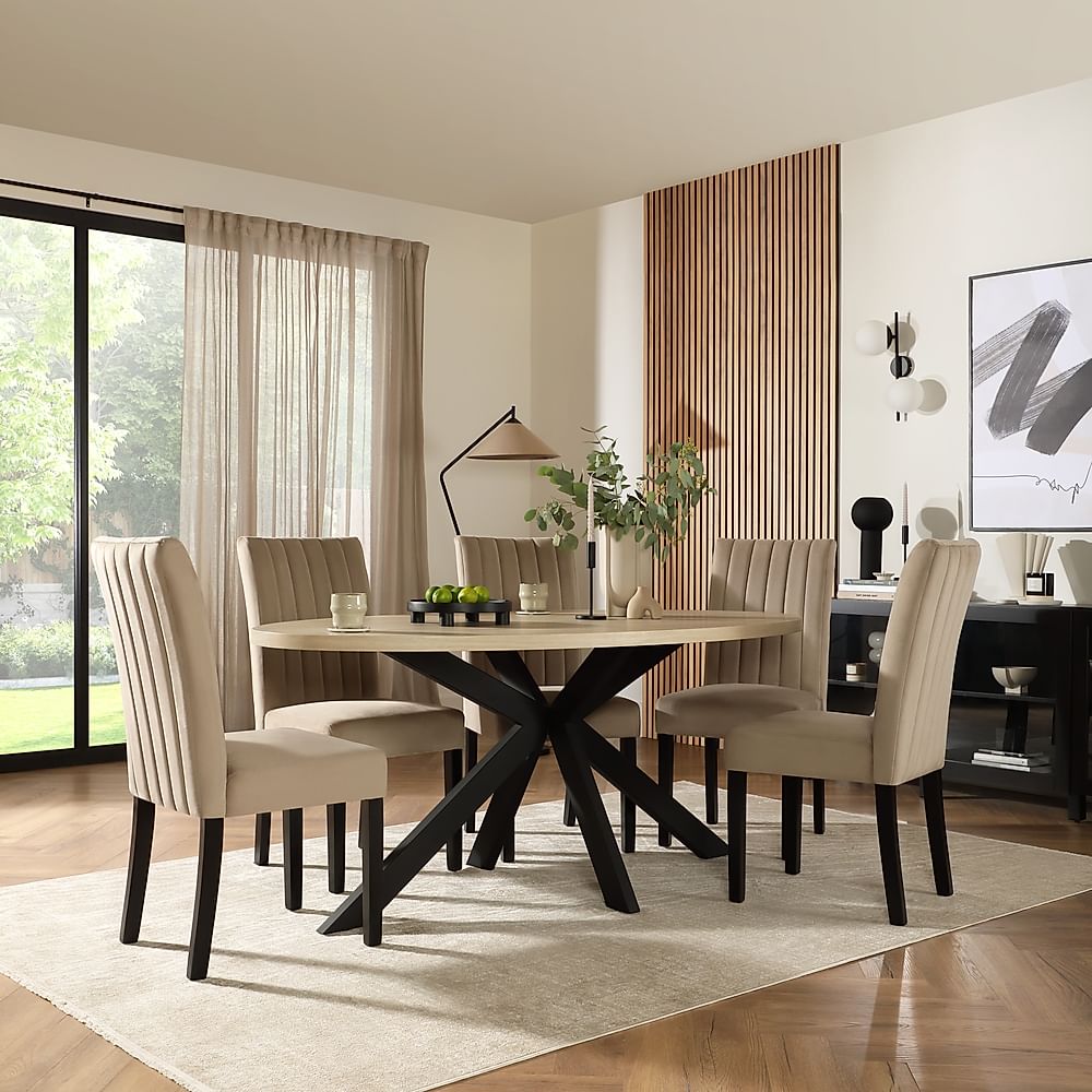 Madison Oval Dining Table & 4 Salisbury Chairs, Light Oak Effect & Black Steel, Champagne Classic Velvet & Black Solid Hardwood, 180cm