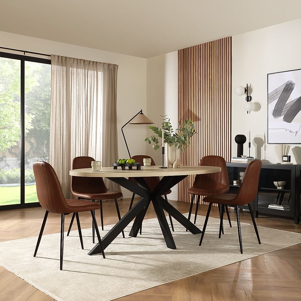Madison Oval Dining Table & 6 Brooklyn Chairs, Light Oak Effect & Black Steel, Tan Classic Faux Leather, 180cm