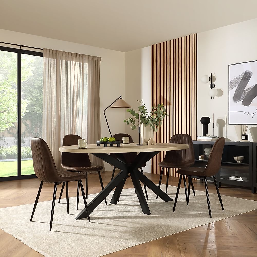 Madison Oval Dining Table & 4 Brooklyn Chairs, Light Oak Effect & Black Steel, Vintage Brown Premium Faux Leather, 180cm