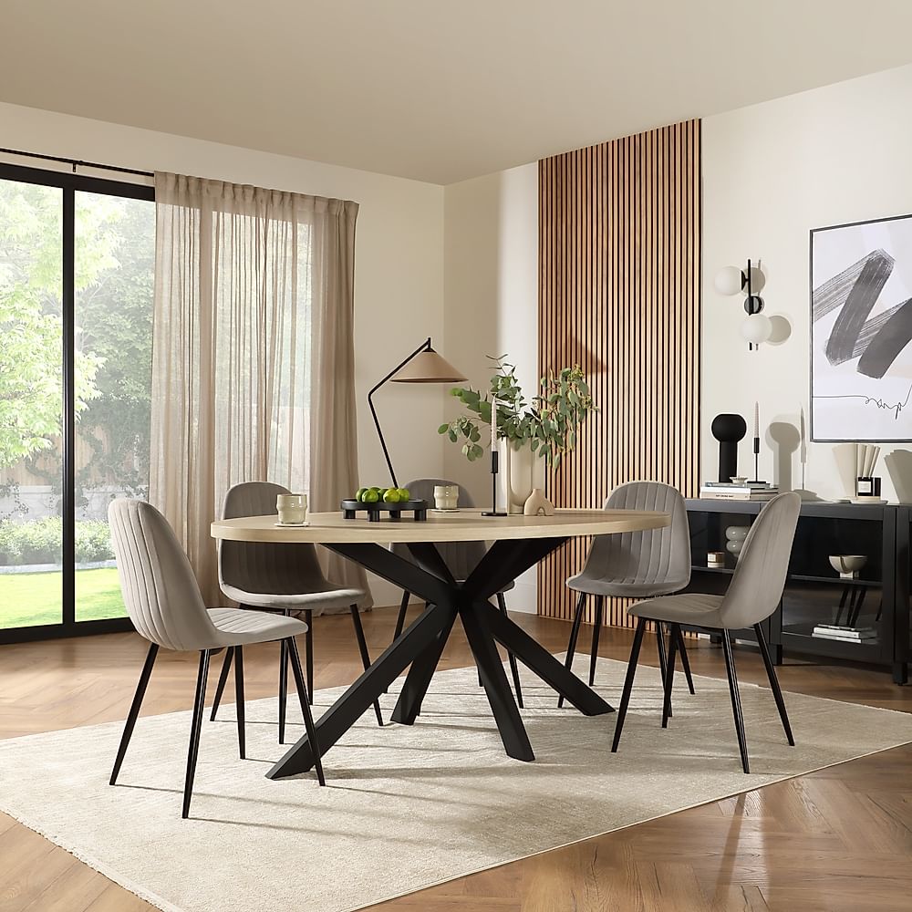 Madison Oval Dining Table & 4 Brooklyn Chairs, Light Oak Effect & Black Steel, Grey Classic Velvet, 180cm