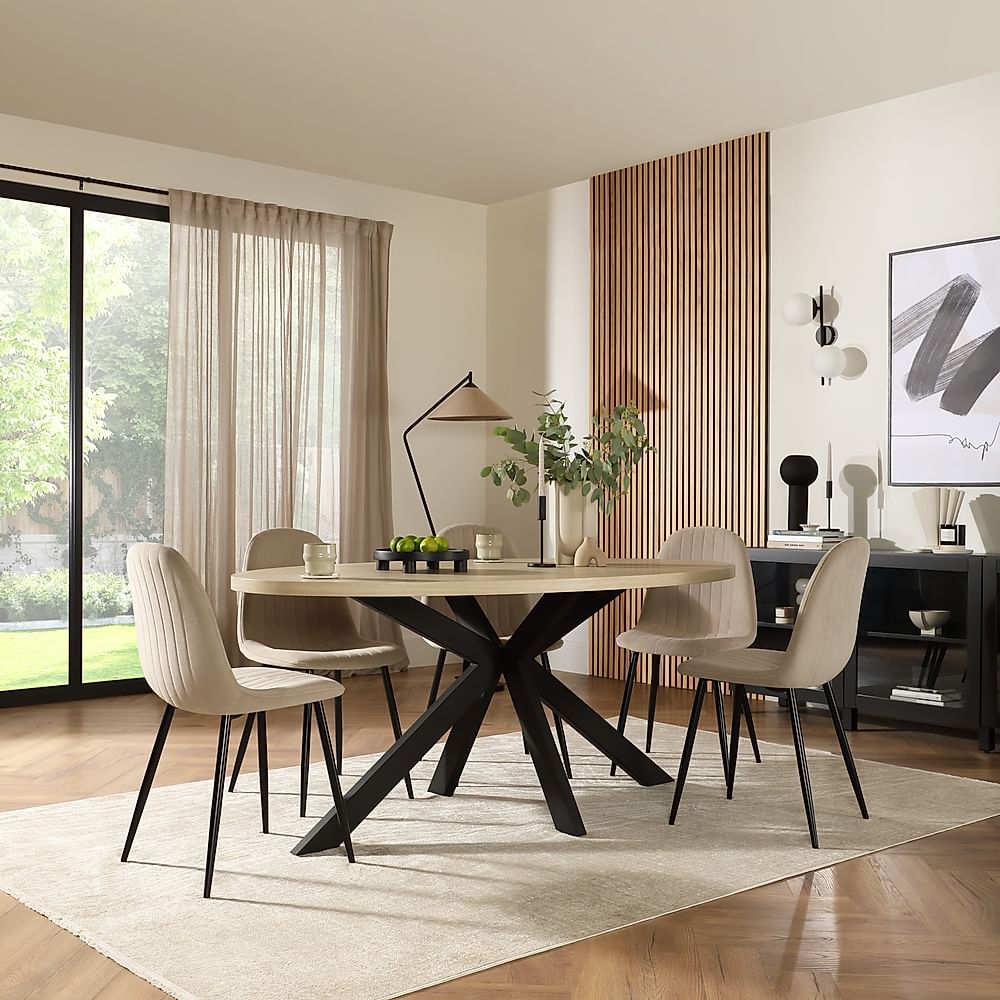 Madison Oval Dining Table & 6 Brooklyn Chairs, Light Oak Effect & Black Steel, Champagne Classic Velvet, 180cm