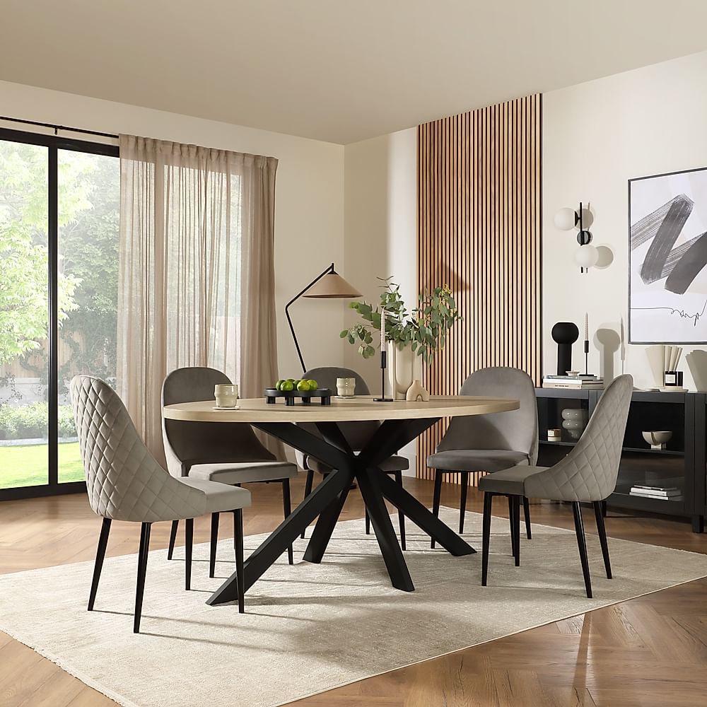 Madison Oval Dining Table & 4 Ricco Chairs, Light Oak Effect & Black Steel, Grey Classic Velvet, 180cm
