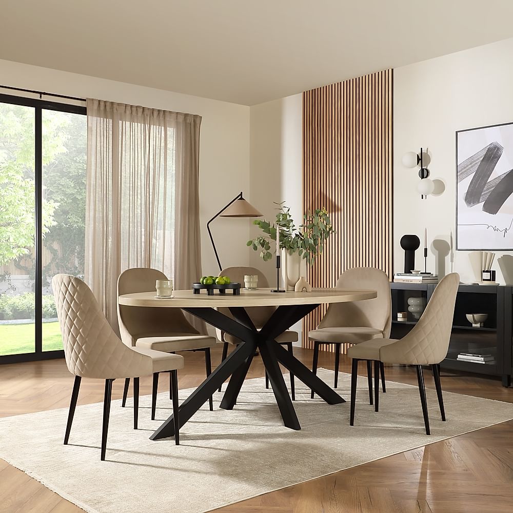 Madison Oval Dining Table & 4 Ricco Chairs, Light Oak Effect & Black Steel, Champagne Classic Velvet, 180cm