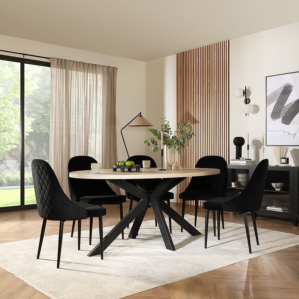 Madison Oval Dining Table & 4 Ricco Chairs, Light Oak Effect & Black Steel, Black Classic Velvet, 180cm