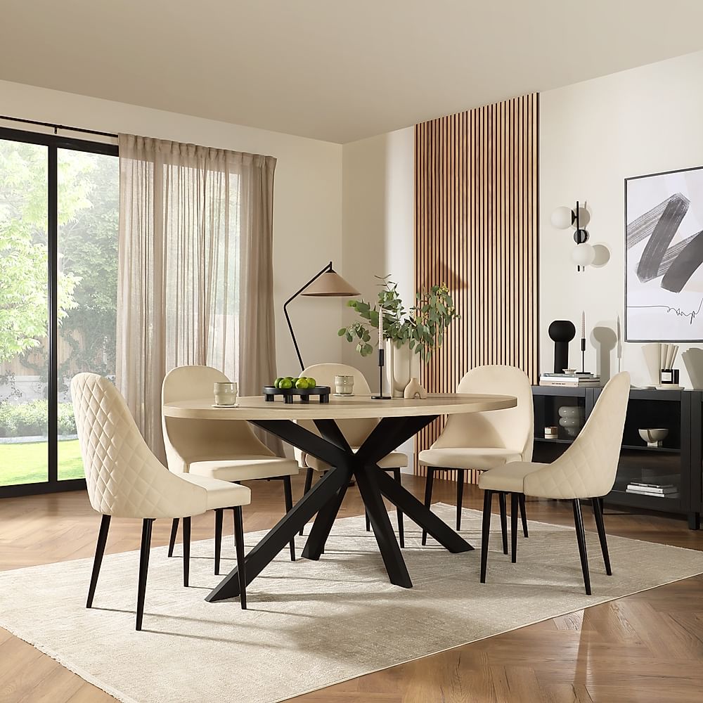 Madison Oval Dining Table & 4 Ricco Chairs, Light Oak Effect & Black Steel, Ivory Classic Plush Fabric, 180cm