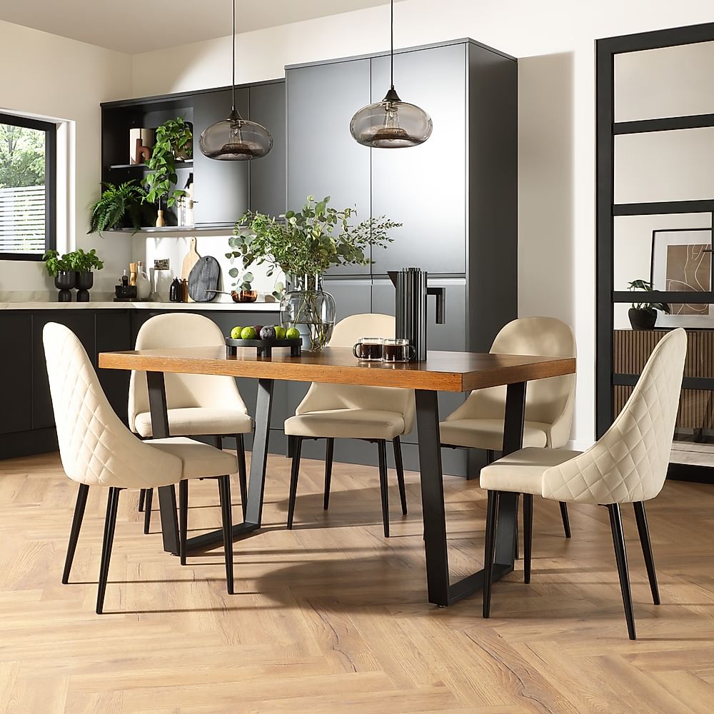 Addison Industrial Dining Table & 6 Ricco Chairs, Dark Oak Veneer & Black Steel, Ivory Classic Plush Fabric, 150cm