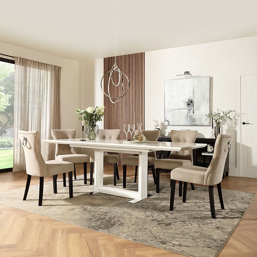 Tokyo Extending Dining Table & 4 Kensington Chairs, White High Gloss, Champagne Classic Velvet & Black Solid Hardwood, 160-220cm