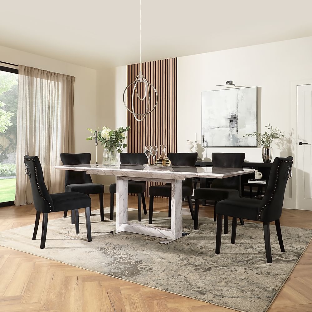 Tokyo Extending Dining Table & 6 Kensington Chairs, Grey Marble Effect, Black Classic Velvet & Black Solid Hardwood, 160-220cm