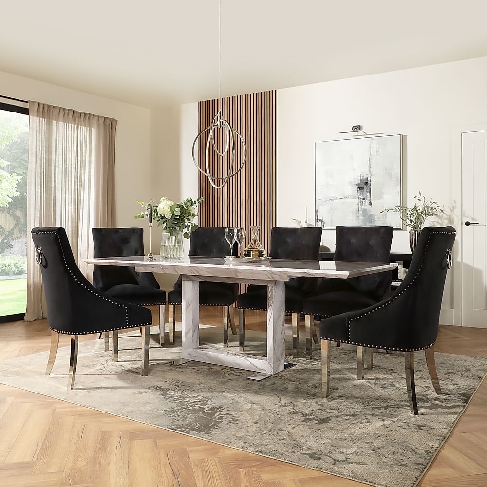 Tokyo Extending Dining Table & 4 Imperial Chairs, Grey Marble Effect, Black Classic Velvet & Chrome, 160-220cm