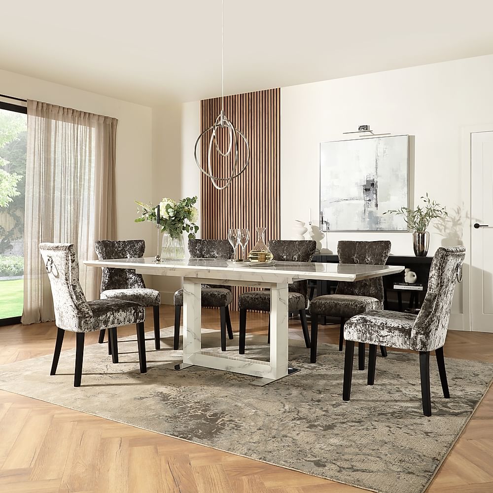 Tokyo Extending Dining Table & 6 Kensington Chairs, White Marble Effect, Silver Crushed Velvet & Black Solid Hardwood, 160-220cm