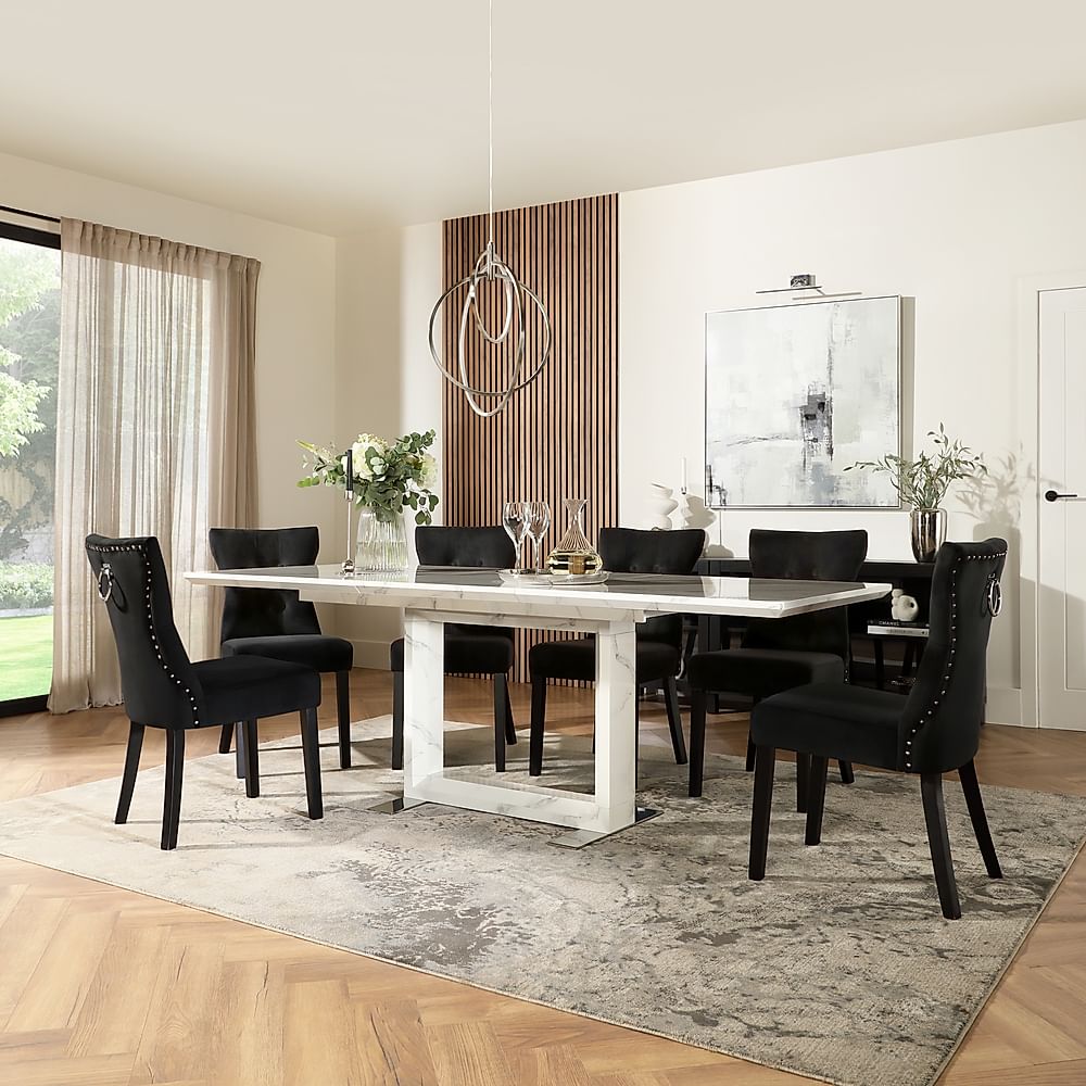 Tokyo Extending Dining Table & 6 Kensington Chairs, White Marble Effect, Black Classic Velvet & Black Solid Hardwood, 160-220cm