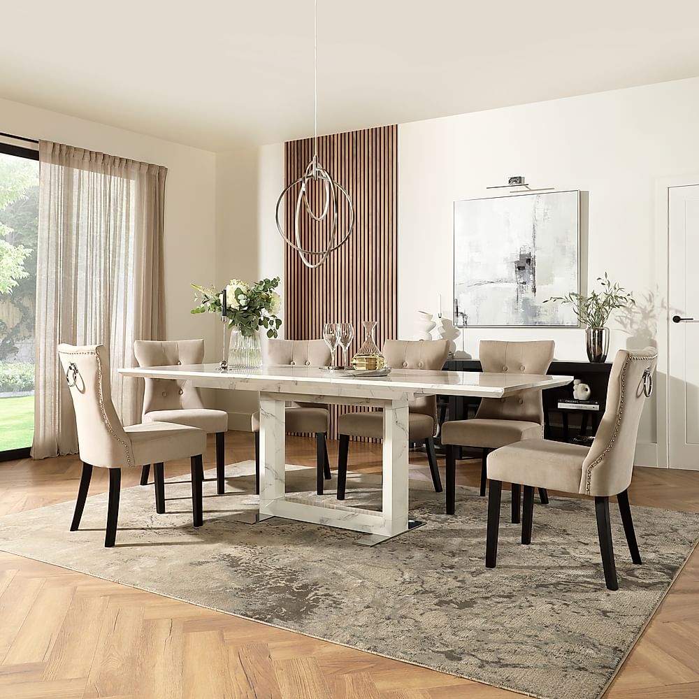 Tokyo Extending Dining Table & 4 Kensington Chairs, White Marble Effect, Champagne Classic Velvet & Black Solid Hardwood, 160-220cm