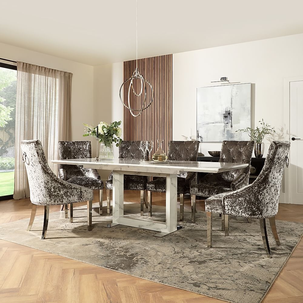 Tokyo Extending Dining Table & 4 Imperial Chairs, White Marble Effect, Silver Crushed Velvet & Chrome, 160-220cm