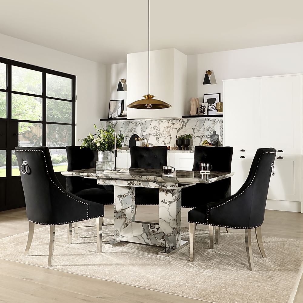 Florence Extending Dining Table & 6 Imperial Chairs, Calacatta Viola Marble Effect, Black Classic Velvet & Chrome, 120-160cm
