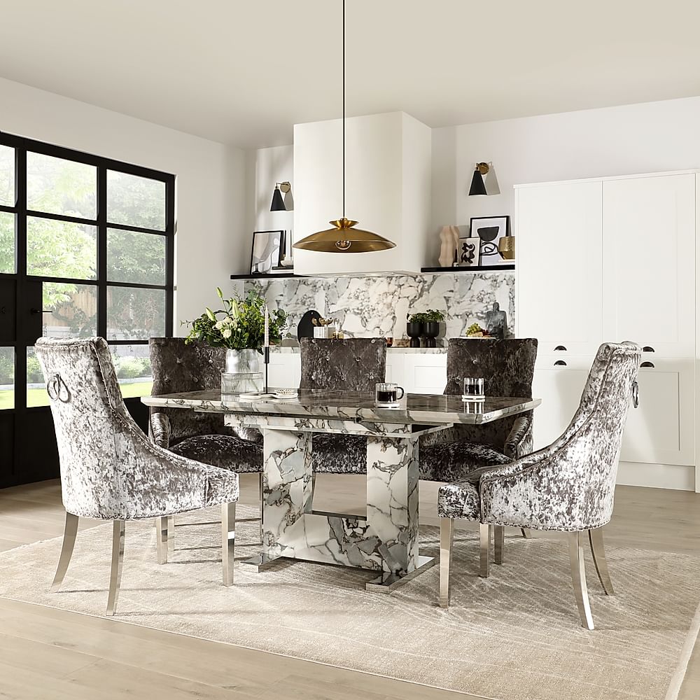 Florence Extending Dining Table & 4 Imperial Chairs, Calacatta Viola Marble Effect, Silver Crushed Velvet & Chrome, 120-160cm
