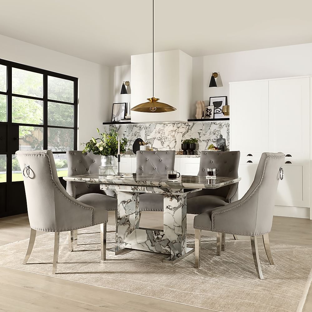 Florence Extending Dining Table & 4 Imperial Chairs, Calacatta Viola Marble Effect, Grey Classic Velvet & Chrome, 120-160cm