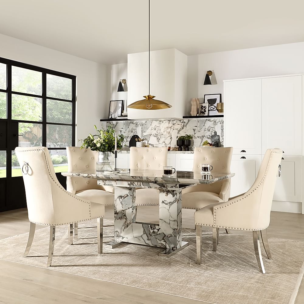 Florence Extending Dining Table & 4 Imperial Chairs, Calacatta Viola Marble Effect, Ivory Classic Plush Fabric & Chrome, 120-160cm
