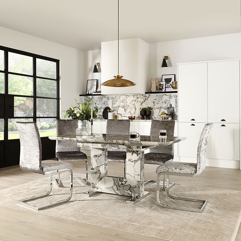 Florence Extending Dining Table & 4 Perth Chairs, Calacatta Viola Marble Effect, Silver Crushed Velvet & Chrome, 120-160cm