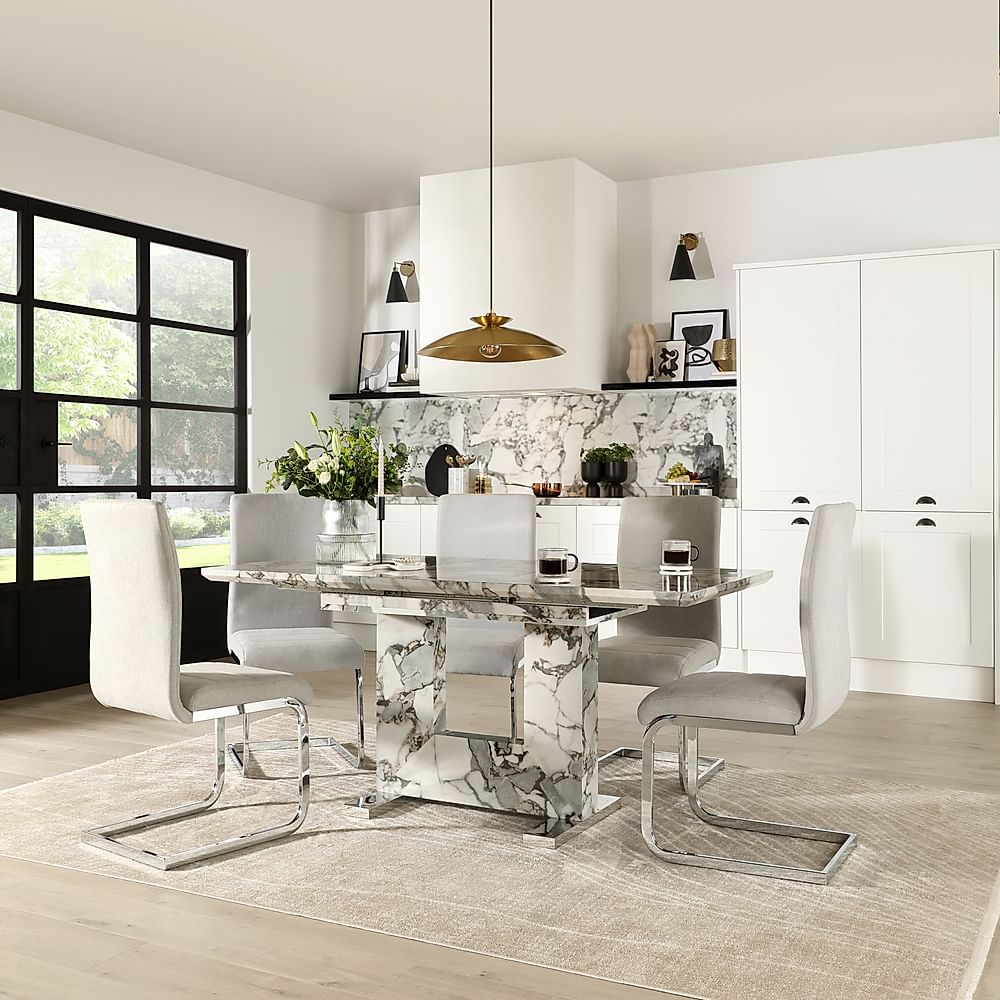 Florence Extending Dining Table & 4 Perth Chairs, Calacatta Viola Marble Effect, Dove Grey Classic Plush Fabric & Chrome, 120-160cm