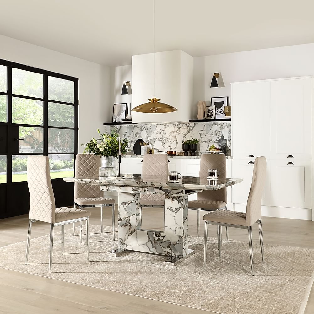 Florence Extending Dining Table & 6 Renzo Chairs, Calacatta Viola Marble Effect, Champagne Classic Velvet & Chrome, 120-160cm