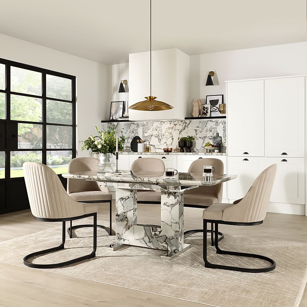 Florence Extending Dining Table & 6 Riva Chairs, Calacatta Viola Marble Effect, Champagne Classic Velvet & Black Steel, 120-160cm