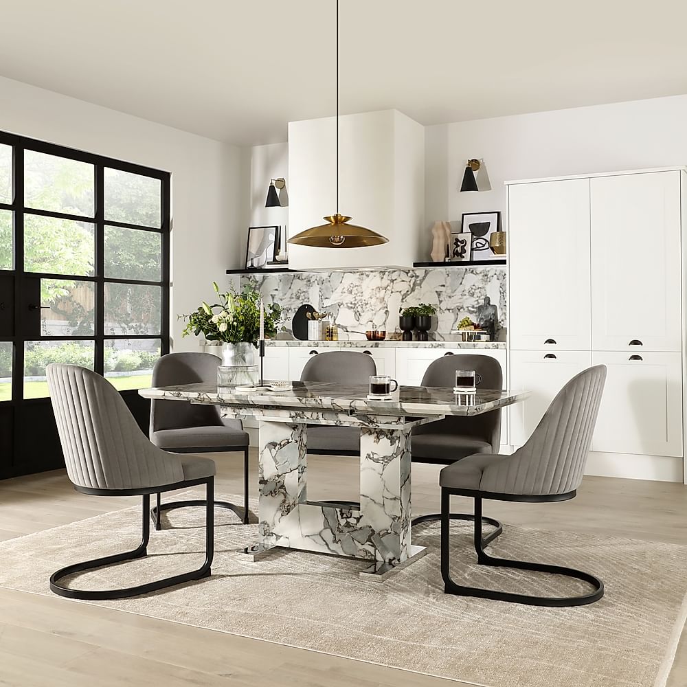 Florence Extending Dining Table & 6 Riva Chairs, Calacatta Viola Marble Effect, Grey Classic Velvet & Black Steel, 120-160cm