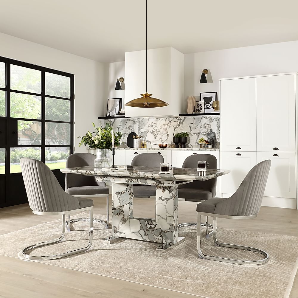 Florence Extending Dining Table & 4 Riva Chairs, Calacatta Viola Marble Effect, Grey Classic Velvet & Chrome, 120-160cm