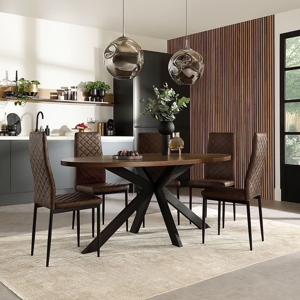 Madison Oval Industrial Dining Table & 4 Renzo Chairs, Walnut Effect & Black Steel, Vintage Brown Classic Faux Leather, 180cm