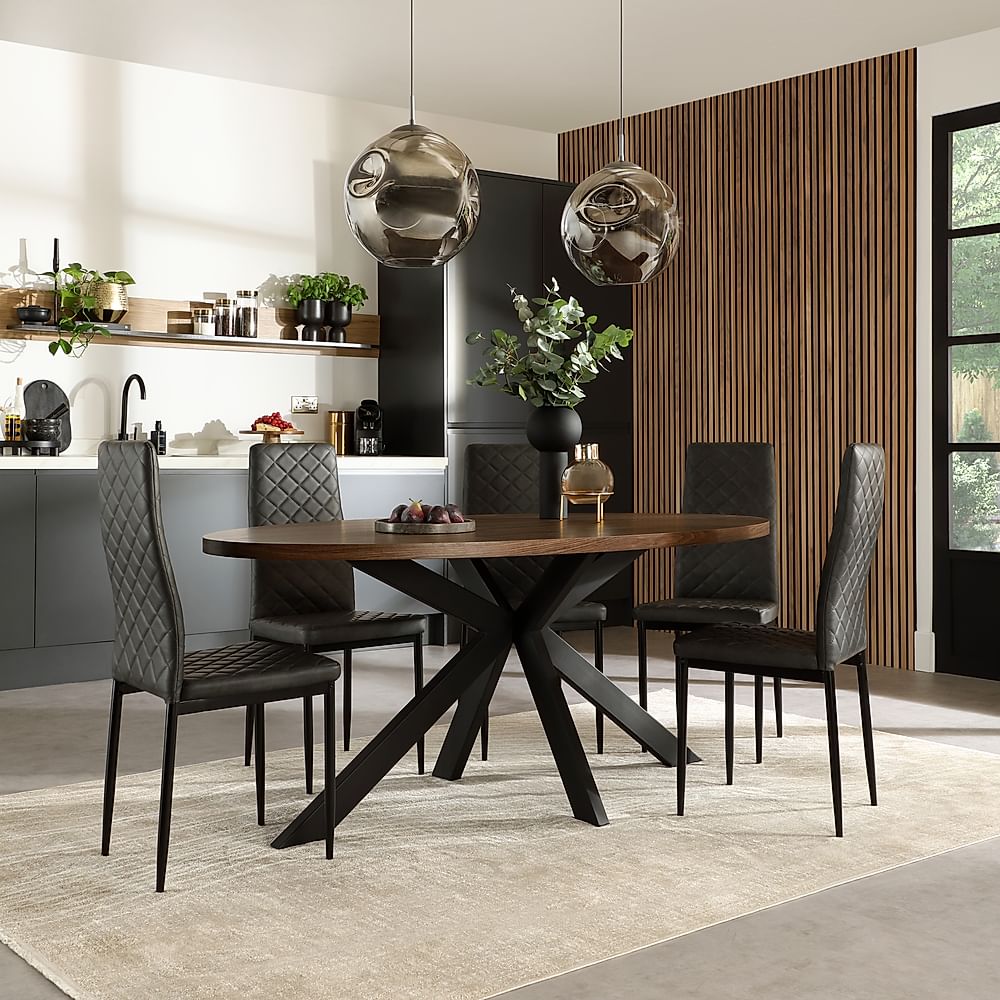 Madison Oval Industrial Dining Table & 6 Renzo Chairs, Walnut Effect & Black Steel, Vintage Grey Classic Faux Leather, 180cm