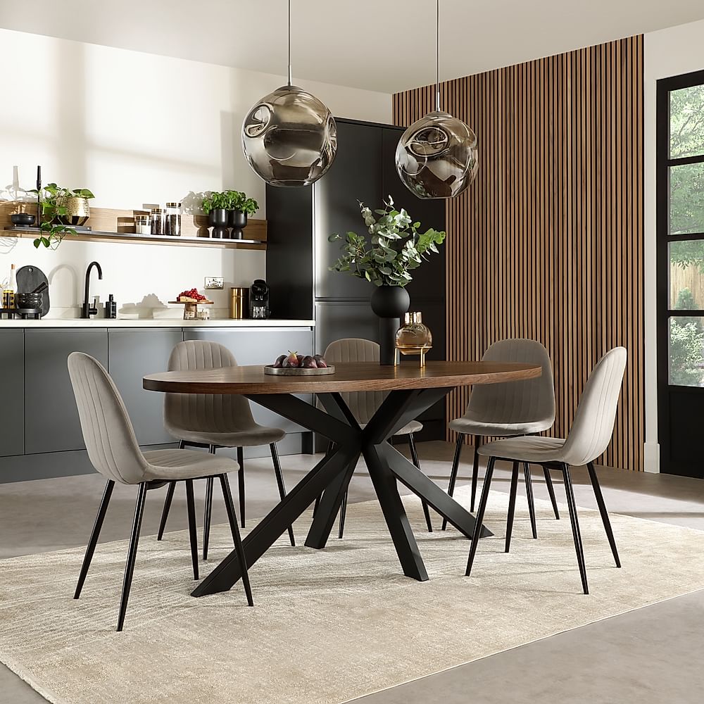 Madison Oval Industrial Dining Table & 6 Brooklyn Chairs, Walnut Effect & Black Steel, Grey Classic Velvet, 180cm