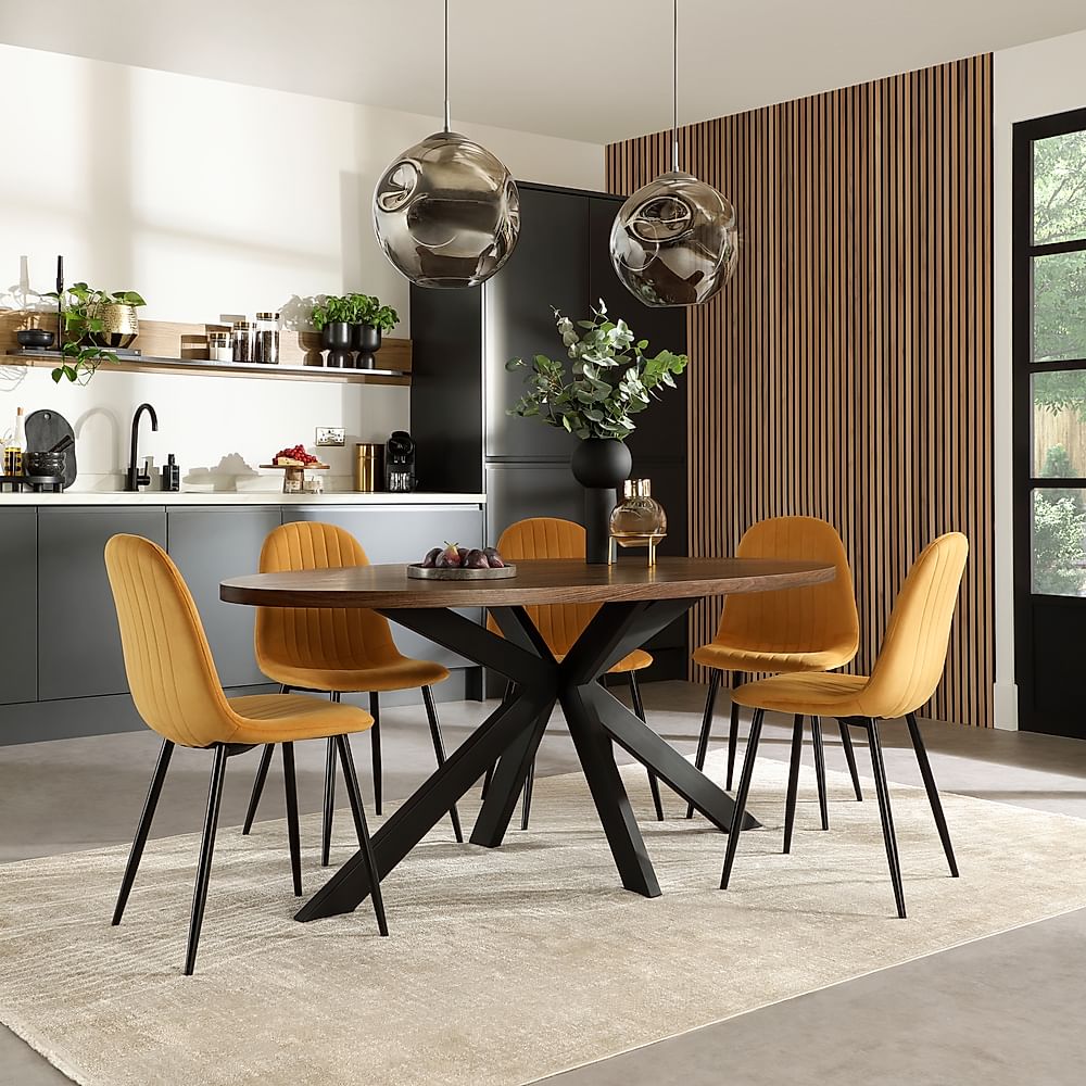 Madison Oval Industrial Dining Table & 6 Brooklyn Chairs, Walnut Effect & Black Steel, Mustard Classic Velvet, 180cm