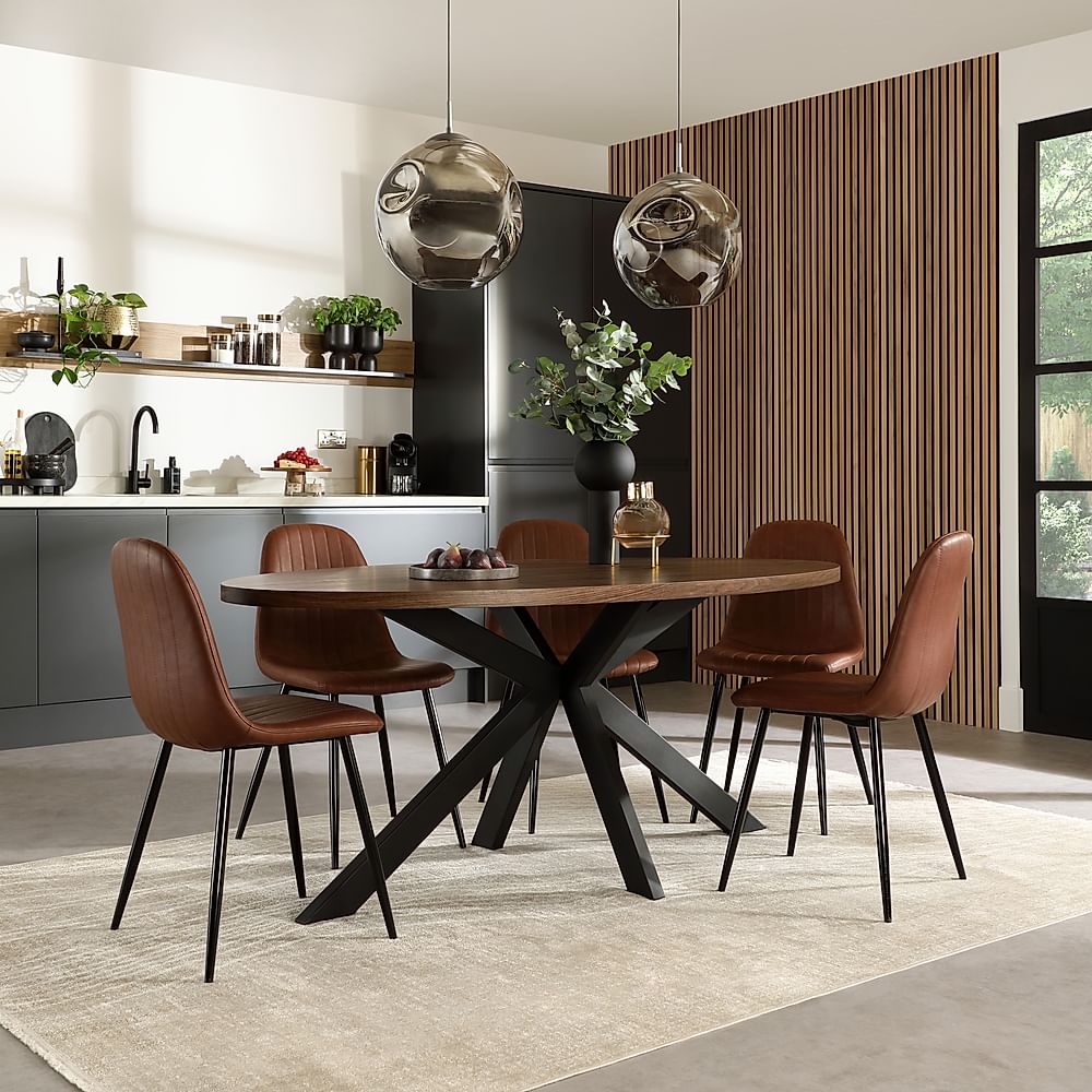 Madison Oval Industrial Dining Table & 6 Brooklyn Chairs, Walnut Effect & Black Steel, Tan Classic Faux Leather, 180cm