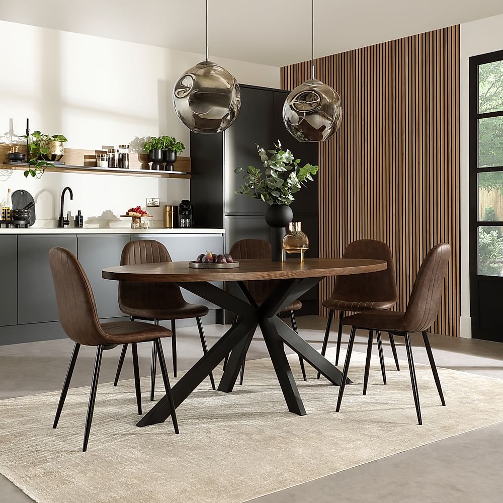 Madison Oval Industrial Dining Table & 4 Brooklyn Chairs, Walnut Effect & Black Steel, Vintage Brown Classic Faux Leather, 180cm