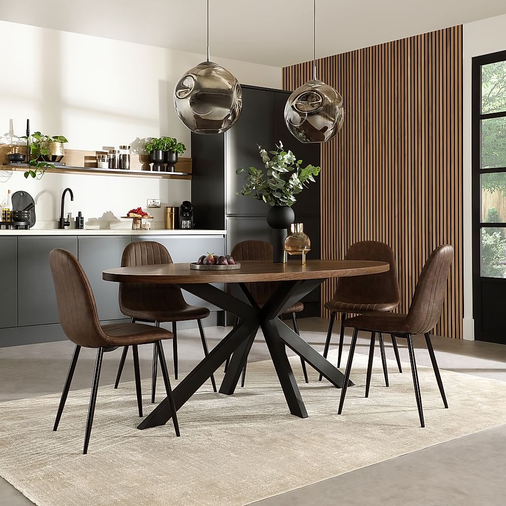 Madison Oval Industrial Dining Table & 6 Brooklyn Chairs, Walnut Effect & Black Steel, Vintage Brown Classic Faux Leather, 180cm