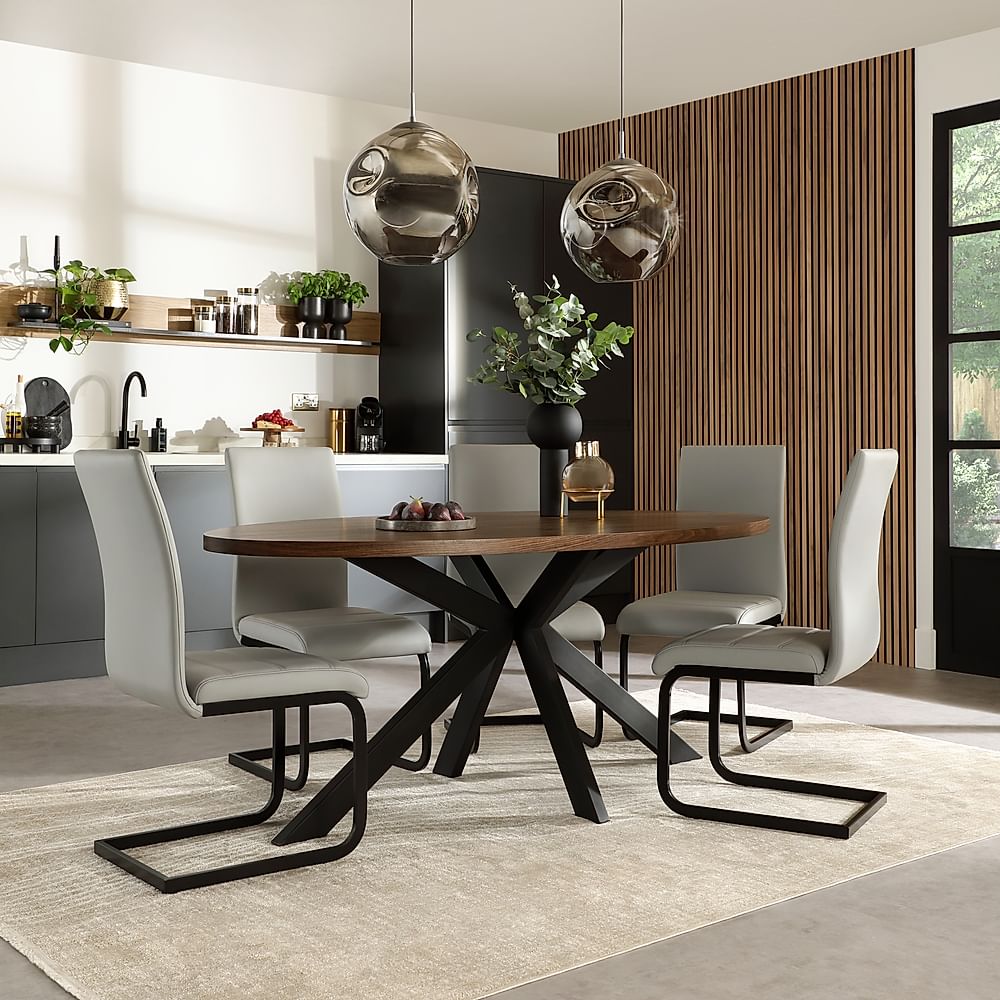 Madison Oval Industrial Dining Table & 6 Perth Chairs, Walnut Effect & Black Steel, Light Grey Classic Faux Leather, 180cm