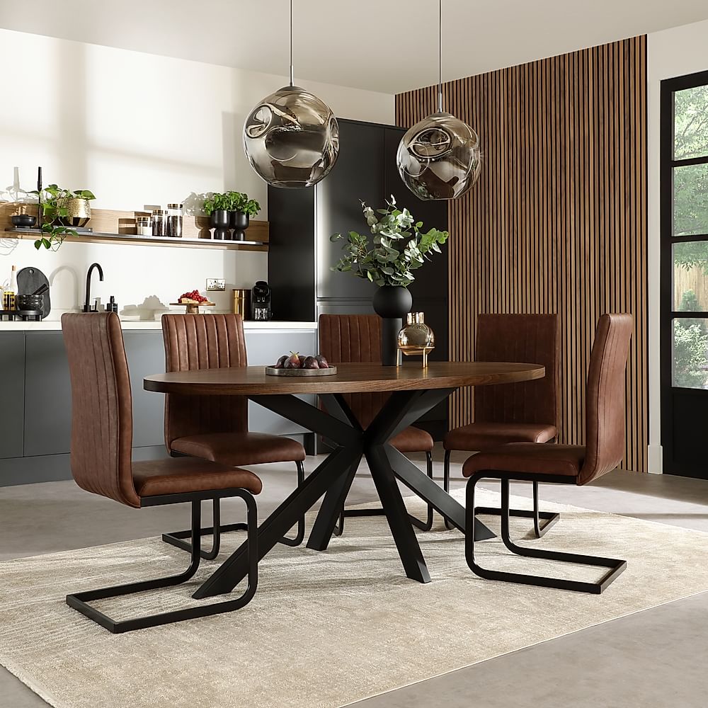 Madison Oval Industrial Dining Table & 4 Perth Chairs, Walnut Effect & Black Steel, Tan Classic Faux Leather, 180cm