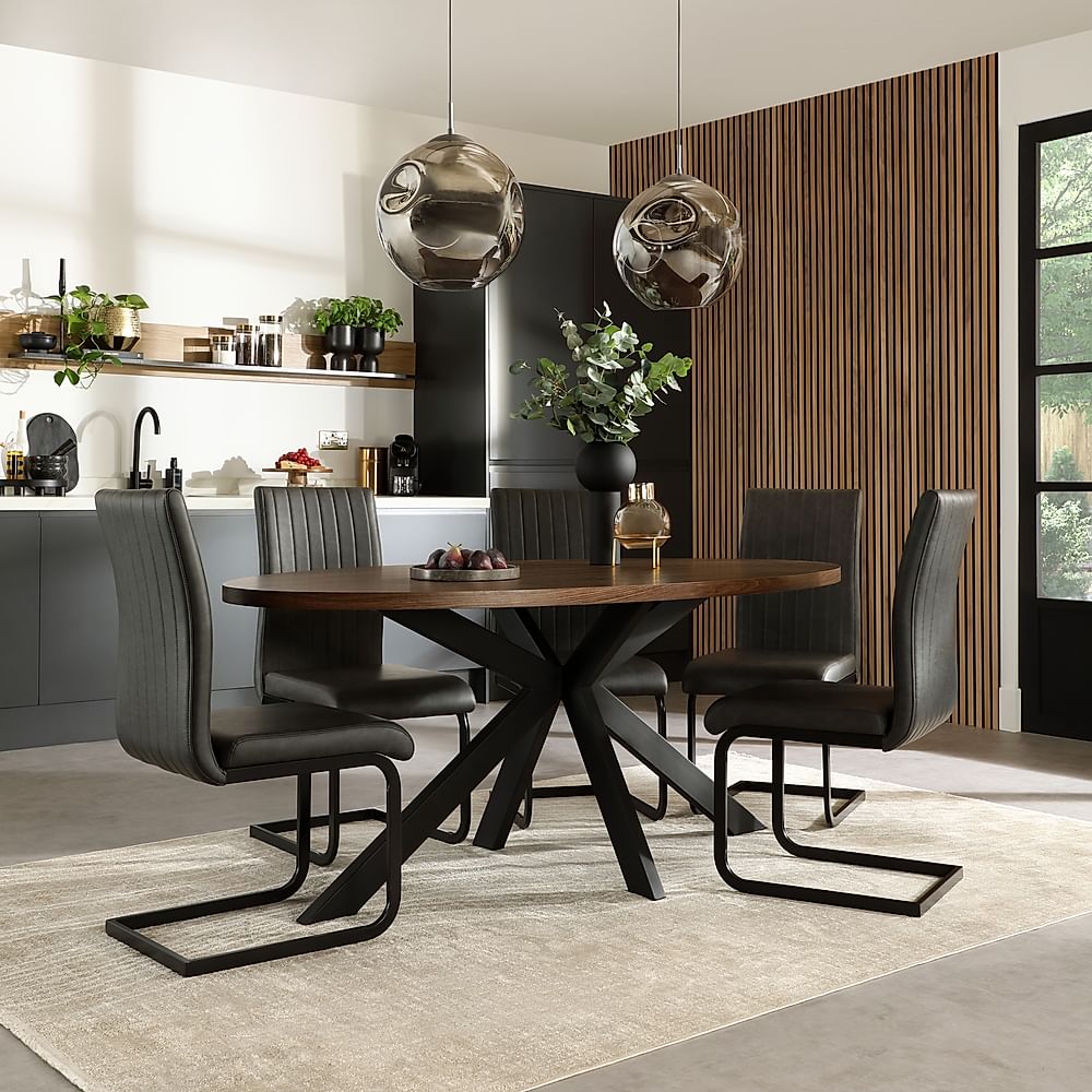 Madison Oval Industrial Dining Table & 4 Perth Chairs, Walnut Effect & Black Steel, Vintage Grey Classic Faux Leather, 180cm