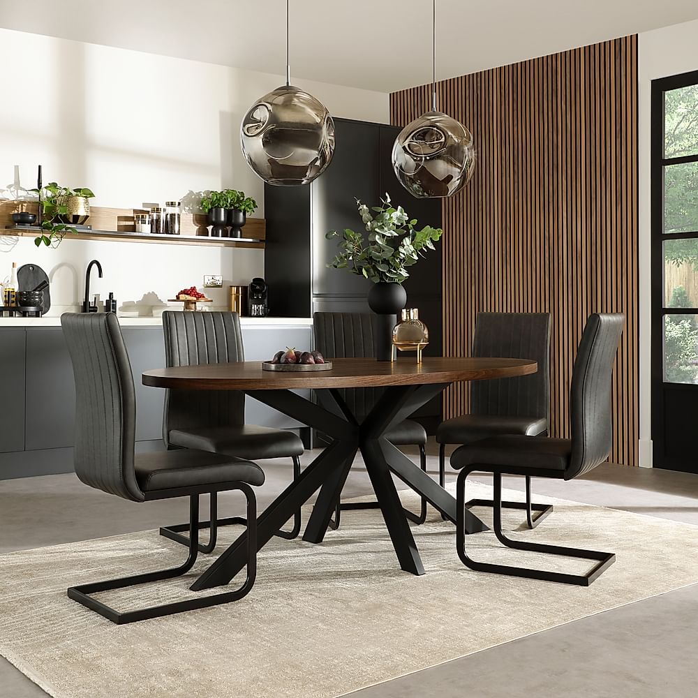 Madison Oval Industrial Dining Table & 6 Perth Chairs, Walnut Effect & Black Steel, Vintage Grey Classic Faux Leather, 180cm