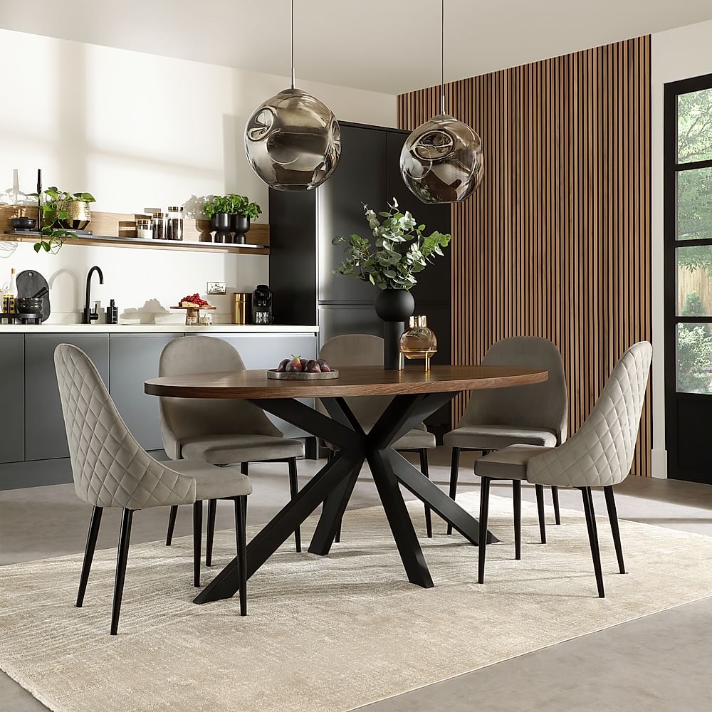 Madison Oval Industrial Dining Table & 6 Ricco Chairs, Walnut Effect & Black Steel, Grey Classic Velvet, 180cm