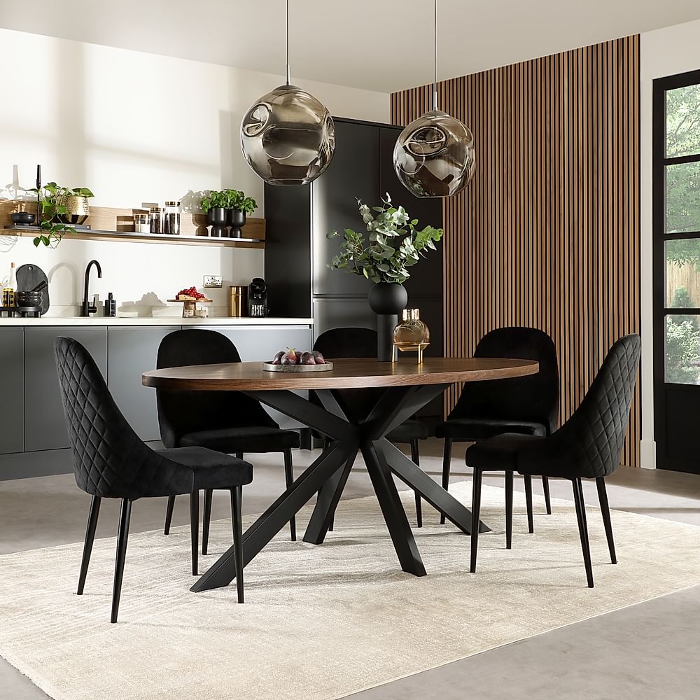 Madison Oval Industrial Dining Table & 4 Ricco Chairs, Walnut Effect & Black Steel, Black Classic Velvet, 180cm