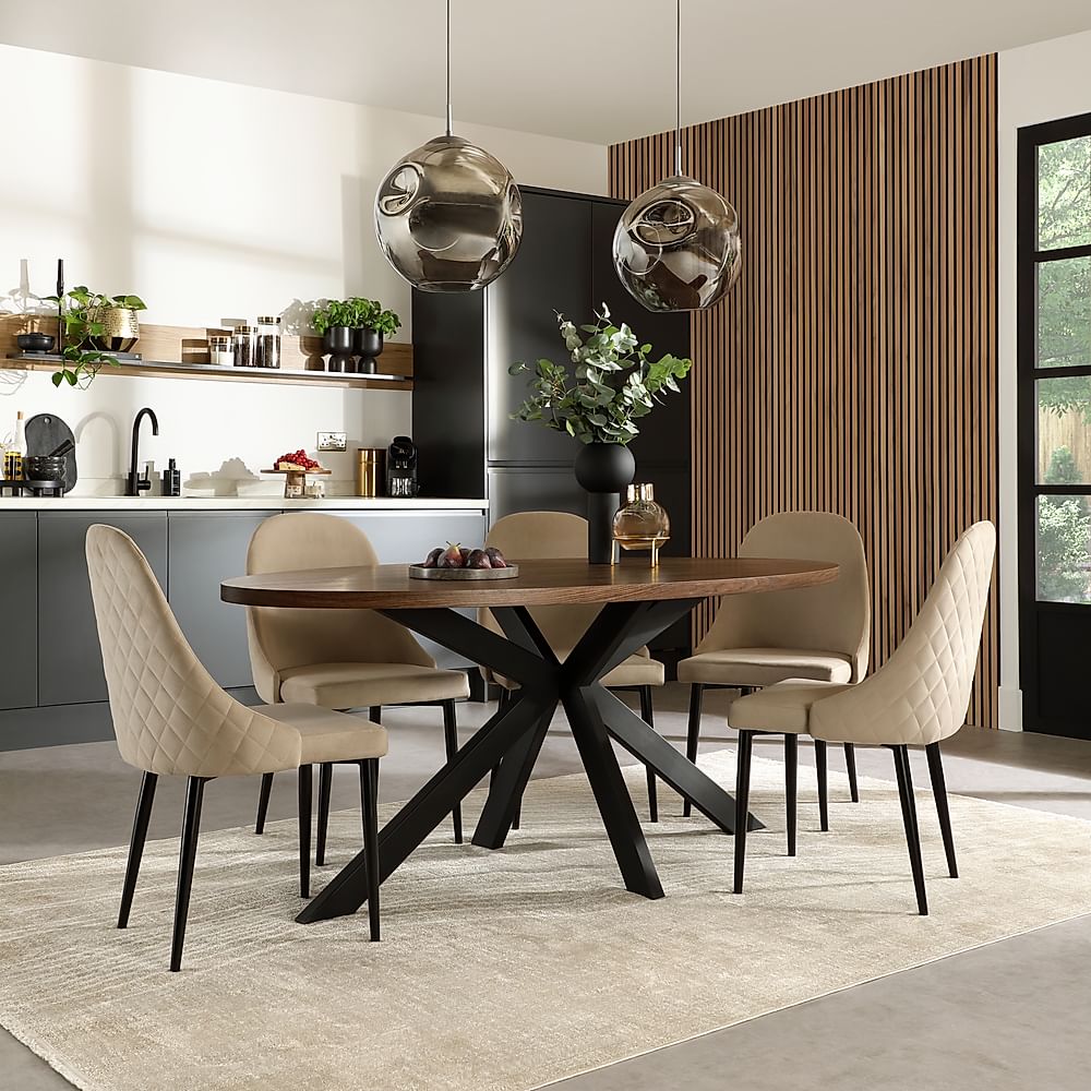 Madison Oval Industrial Dining Table & 6 Ricco Chairs, Walnut Effect & Black Steel, Champagne Classic Velvet, 180cm
