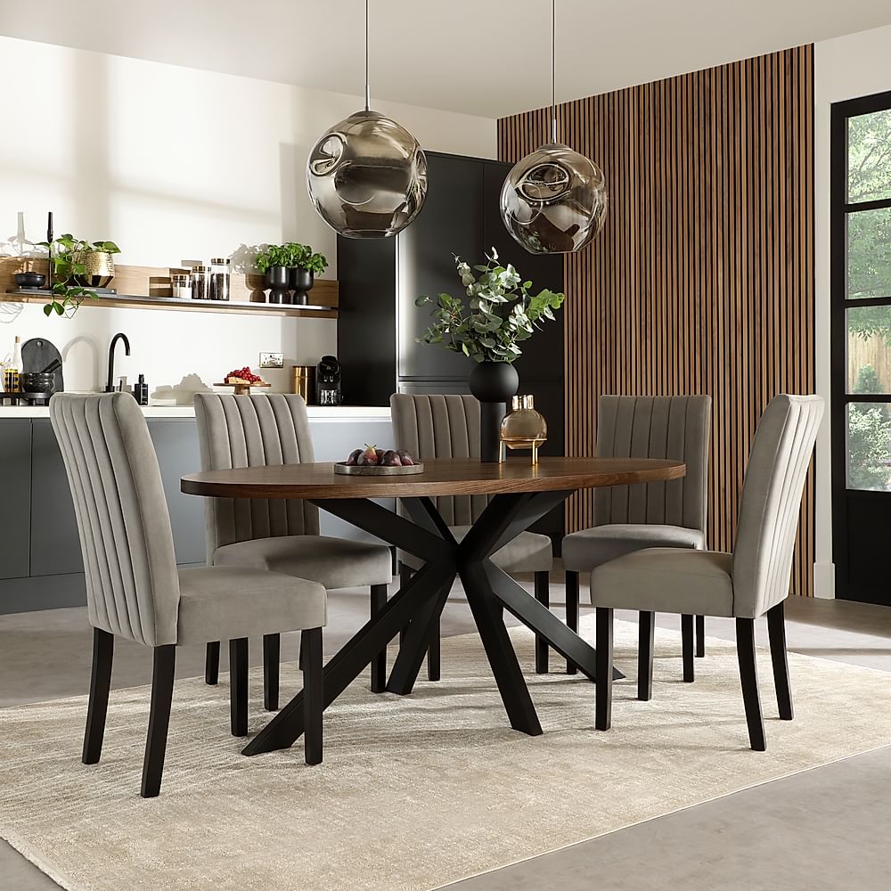 Madison Oval Industrial Dining Table & 4 Salisbury Chairs, Walnut Effect & Black Steel, Grey Classic Velvet & Black Solid Hardwood, 180cm