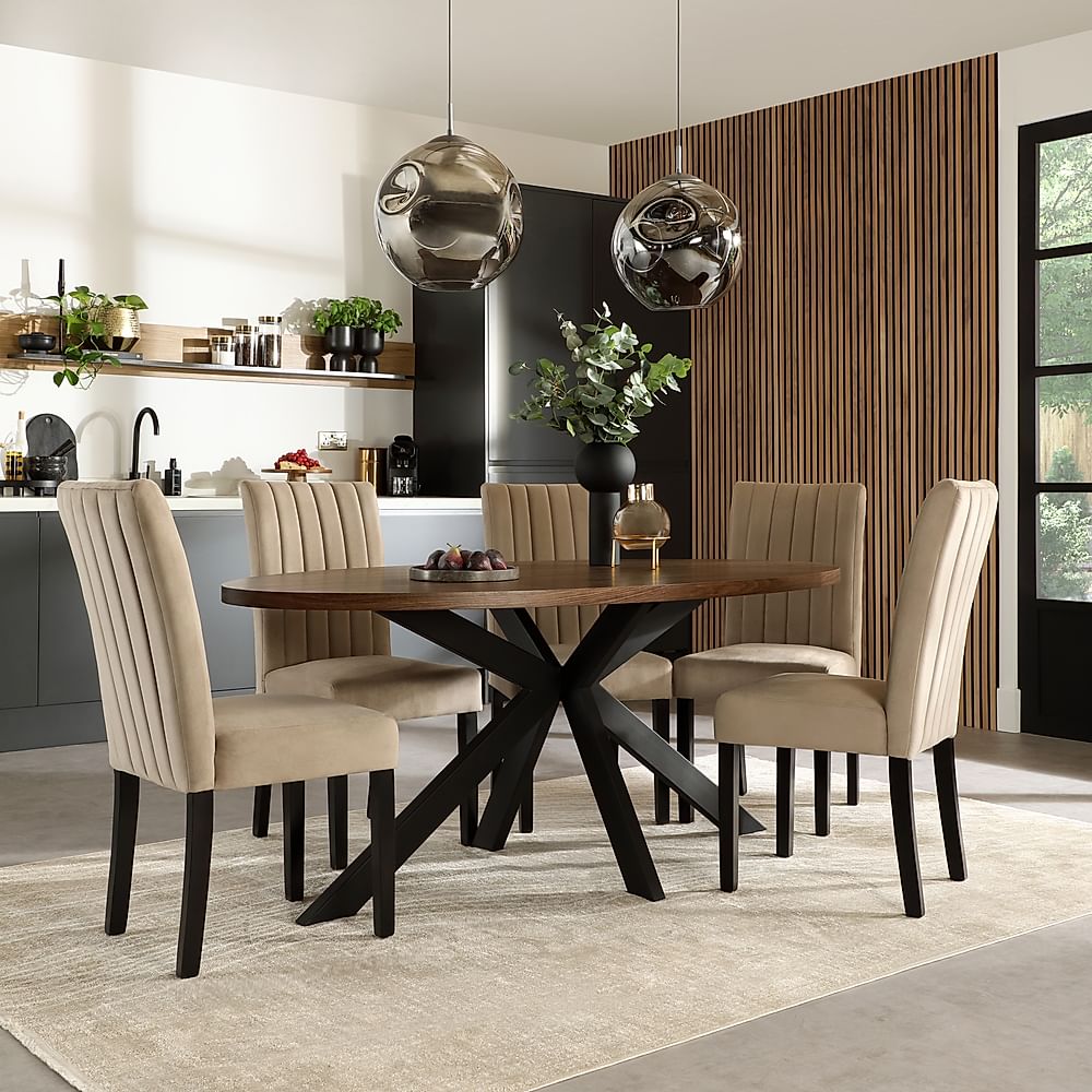 Madison Oval Industrial Dining Table & 6 Salisbury Chairs, Walnut Effect & Black Steel, Champagne Classic Velvet & Black Solid Hardwood, 180cm