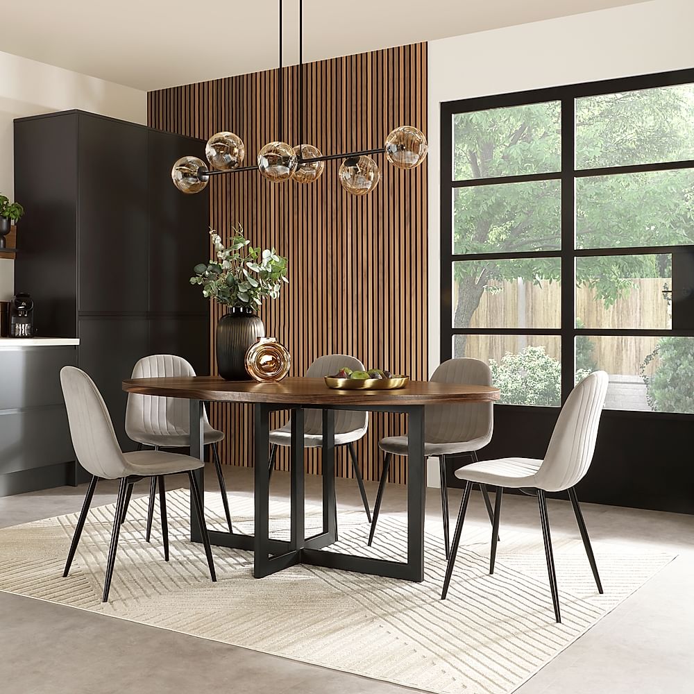 Newbury Oval Industrial Dining Table & 4 Brooklyn Chairs, Walnut Effect & Black Steel, Grey Classic Velvet, 180cm
