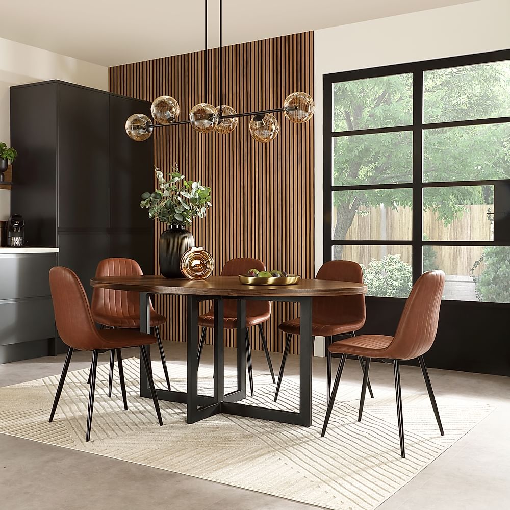 Newbury Oval Industrial Dining Table & 4 Brooklyn Chairs, Walnut Effect & Black Steel, Tan Classic Faux Leather, 180cm