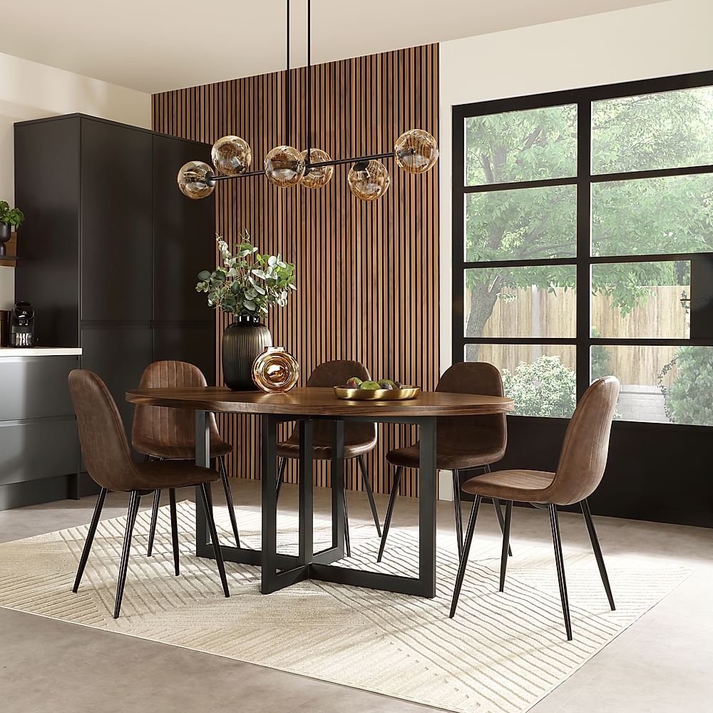 Newbury Oval Industrial Dining Table & 6 Brooklyn Chairs, Walnut Effect & Black Steel, Vintage Brown Classic Faux Leather, 180cm